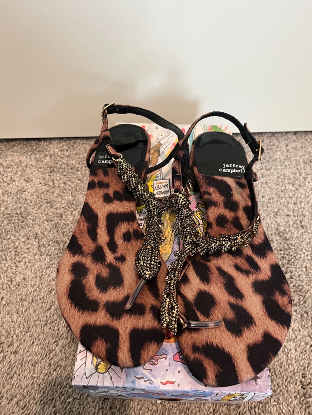 Jeffrey Campbell Brown Leopard Print Beaded T-Strap Sandals